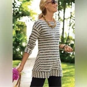 Soft Surrounding Women's Small Tan Blue Stripe Cotton Knit Sweater Top S #29250